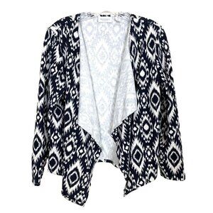 Chico's Open Front Waterfall Cardigan Terry Navy Blue Cream Ikat Womens 1 M